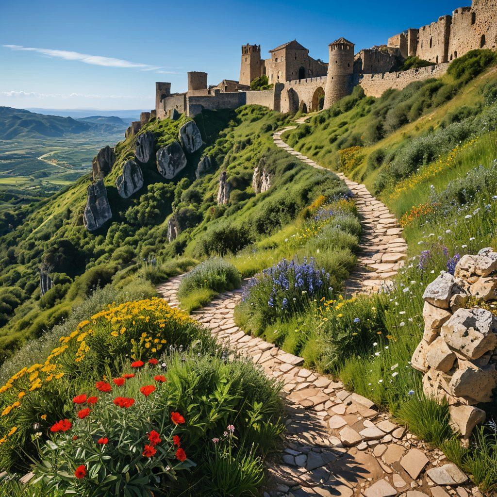 A breathtaking view of Monte Castelo, showcasing its ancient architecture nestled within lush green hills, under a clear blue sky. Include a winding path leading travelers through historic ruins, with vibrant wildflowers lining the trail. Capture the essence of exploration, with hikers in the foreground, marveling at the scenery. super-realistic. vibrant colors. scenic landscape.