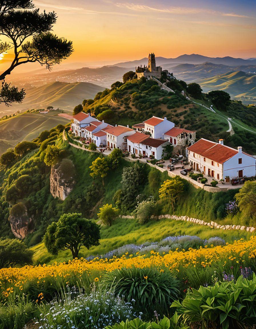 A breathtaking panoramic view of Monte Castelo featuring rolling green hills, vibrant wildflowers in the foreground, and a small quaint village nestled at the base. Incorporate a dazzling sunset casting warm golden hues across the landscape, with cultural elements like traditional architecture and local artisans at work. Enhance the scene with birds soaring in the sky and lush trees framing the view. super-realistic. vibrant colors. golden hour lighting.
